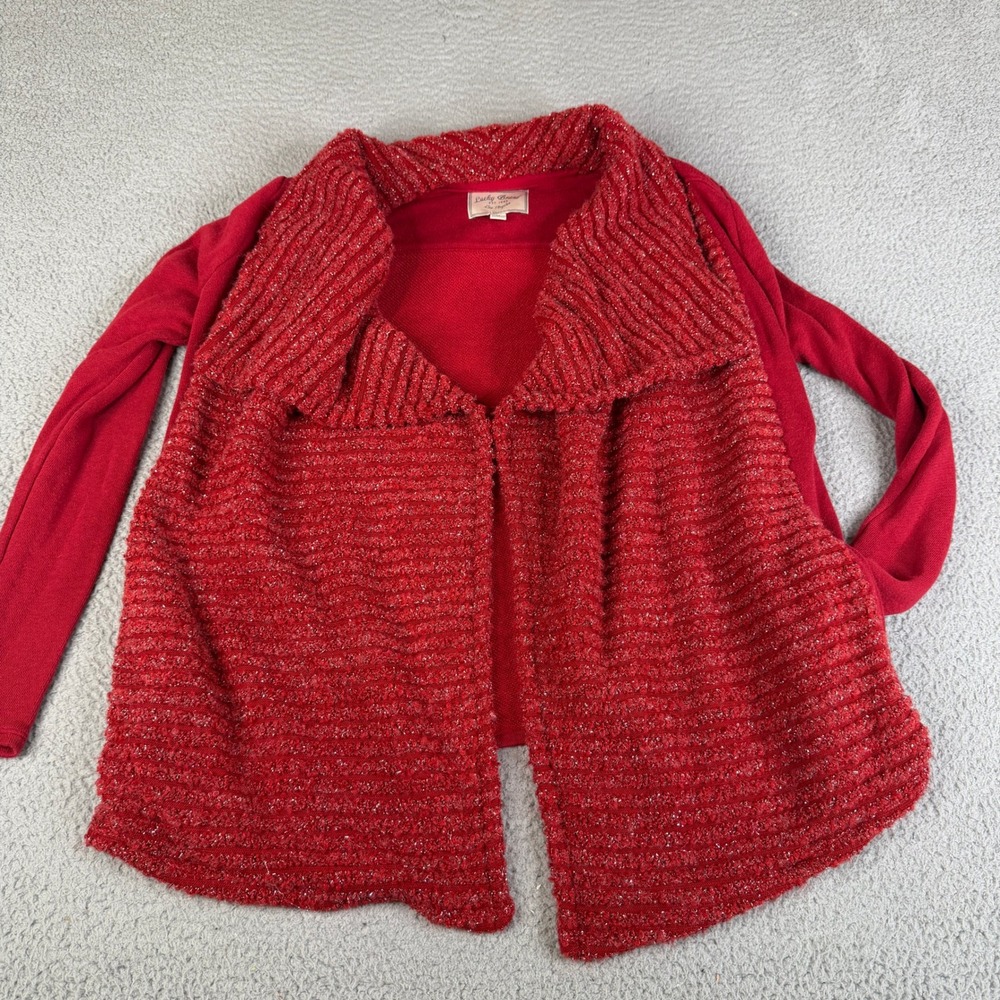 Lucky Brand Cardigan Womens M Red Open Front Metallic Boucle Knit Shawl Collar